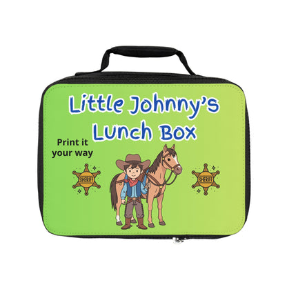 Personalized Kids Lunch Bag featuring Little Johnny with a horse and playful western design.