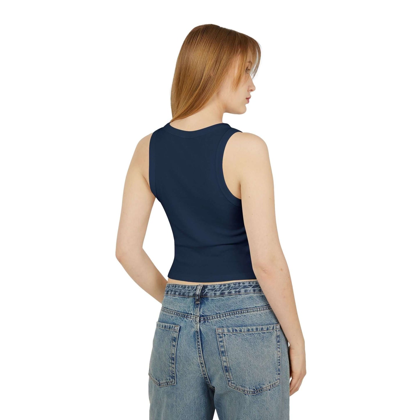 Women Racer Tank in navy, showing the back view, styled with high-waisted jeans for a modern look.