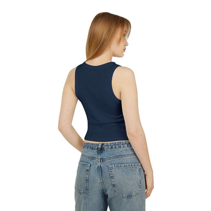 Women Racer Tank in navy, showing the back view, styled with high-waisted jeans for a modern look.