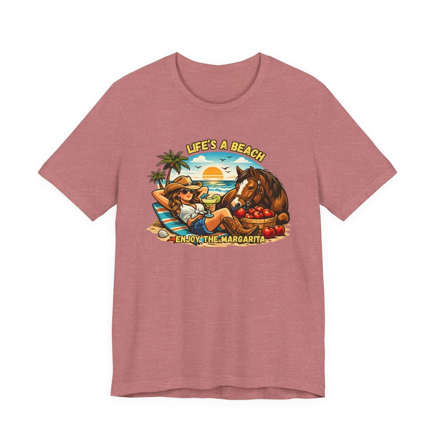 Life's A Beach Western Tee featuring a cowgirl and horse enjoying a beach scene with sunset and margaritas.