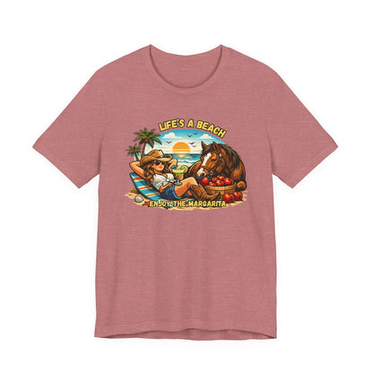 Life's A Beach Western Tee featuring a cowgirl and horse enjoying a beach scene with sunset and margaritas.