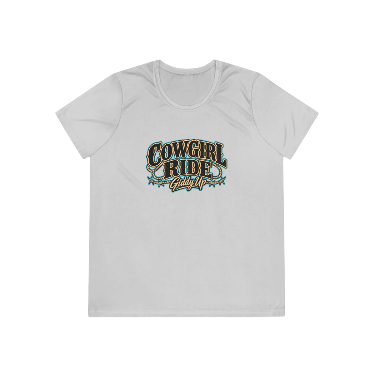Cowgirl Ride Giddy Up Ladies Tee featuring vintage lettering and rustic turquoise accents on a lightweight tee.