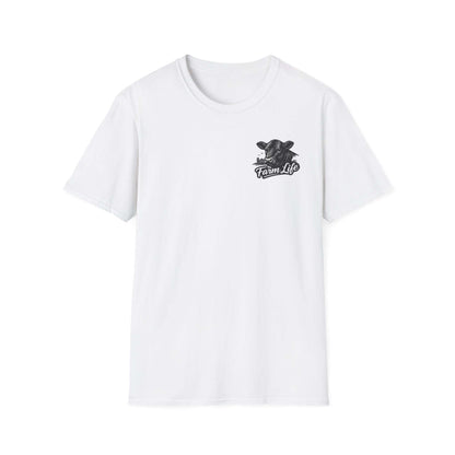 Farm Life T-Shirt featuring a hand-drawn cow graphic, perfect rancher apparel for outdoor lovers.