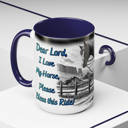 Praying Cowgirl coffee mug featuring a horse design and heartfelt message, ideal for equestrian enthusiasts.
