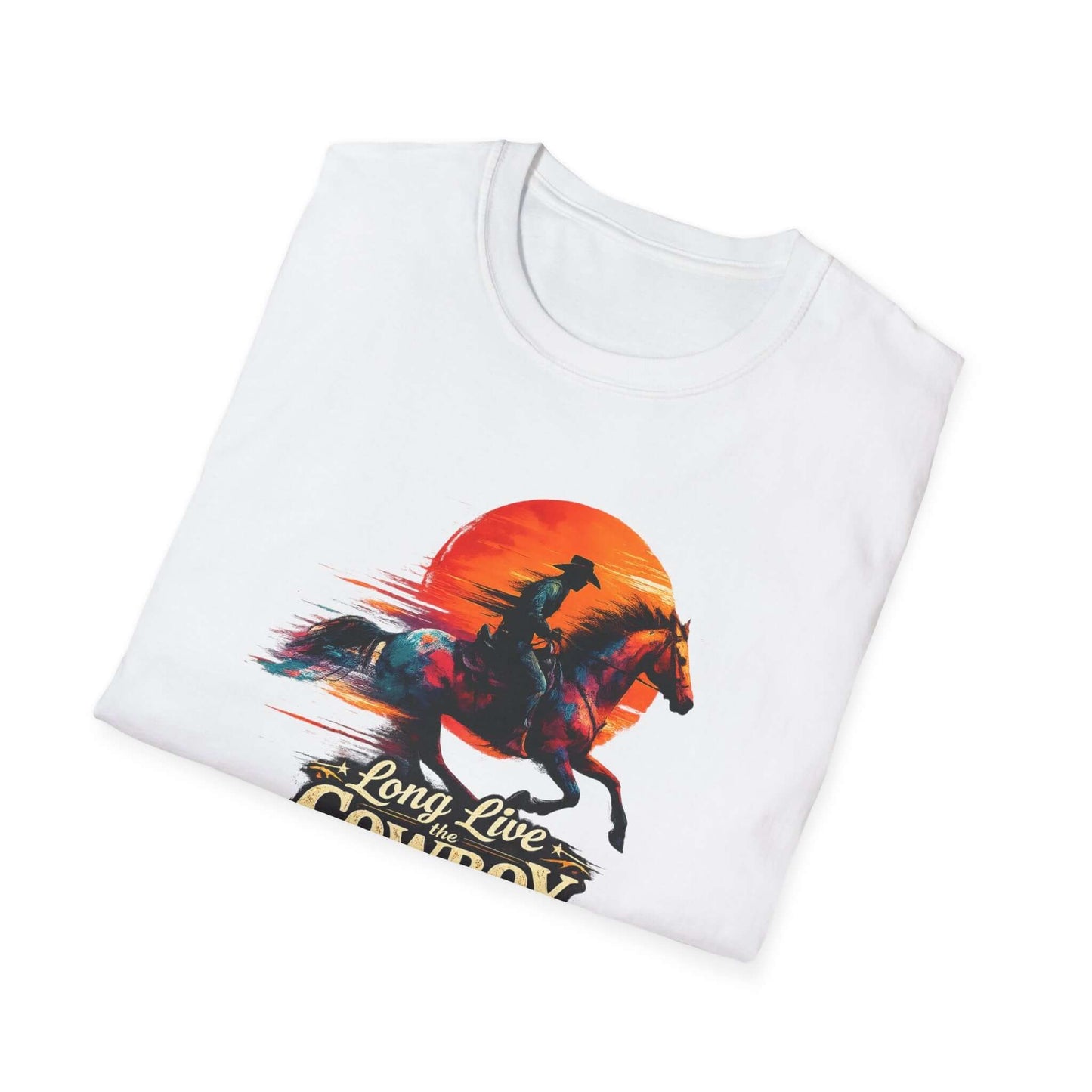Long Live the Cowboy, Western Horse T-Shirt for Men featuring a rider silhouetted against a sunset.