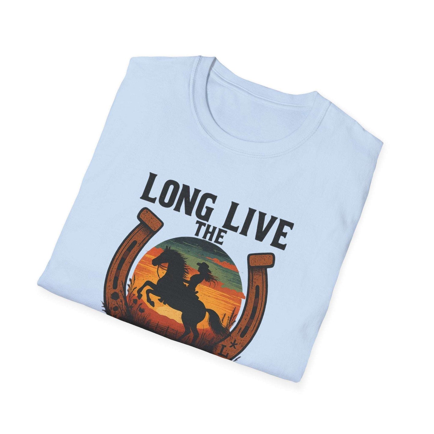  Woman wearing Long Live the Cowgirl horseshoe graphic t-shirt, showcasing cowgirl apparel with a relaxed smile.
