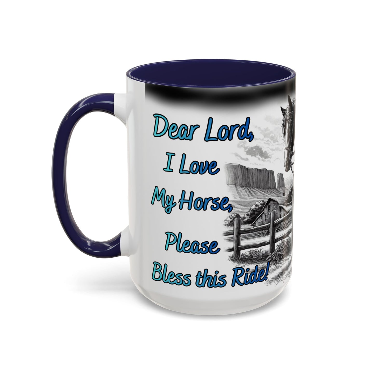 Praying Cowgirl coffee mug with a heartfelt message, perfect for equestrian enthusiasts.