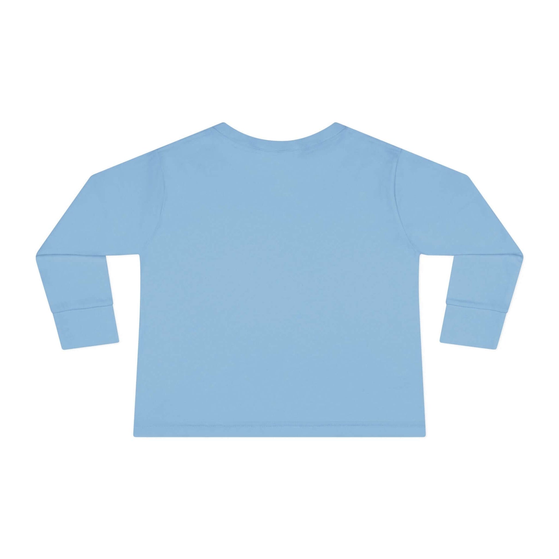 Back view of a light blue Toddler Long Sleeve Tee, ideal for young farm enthusiasts.