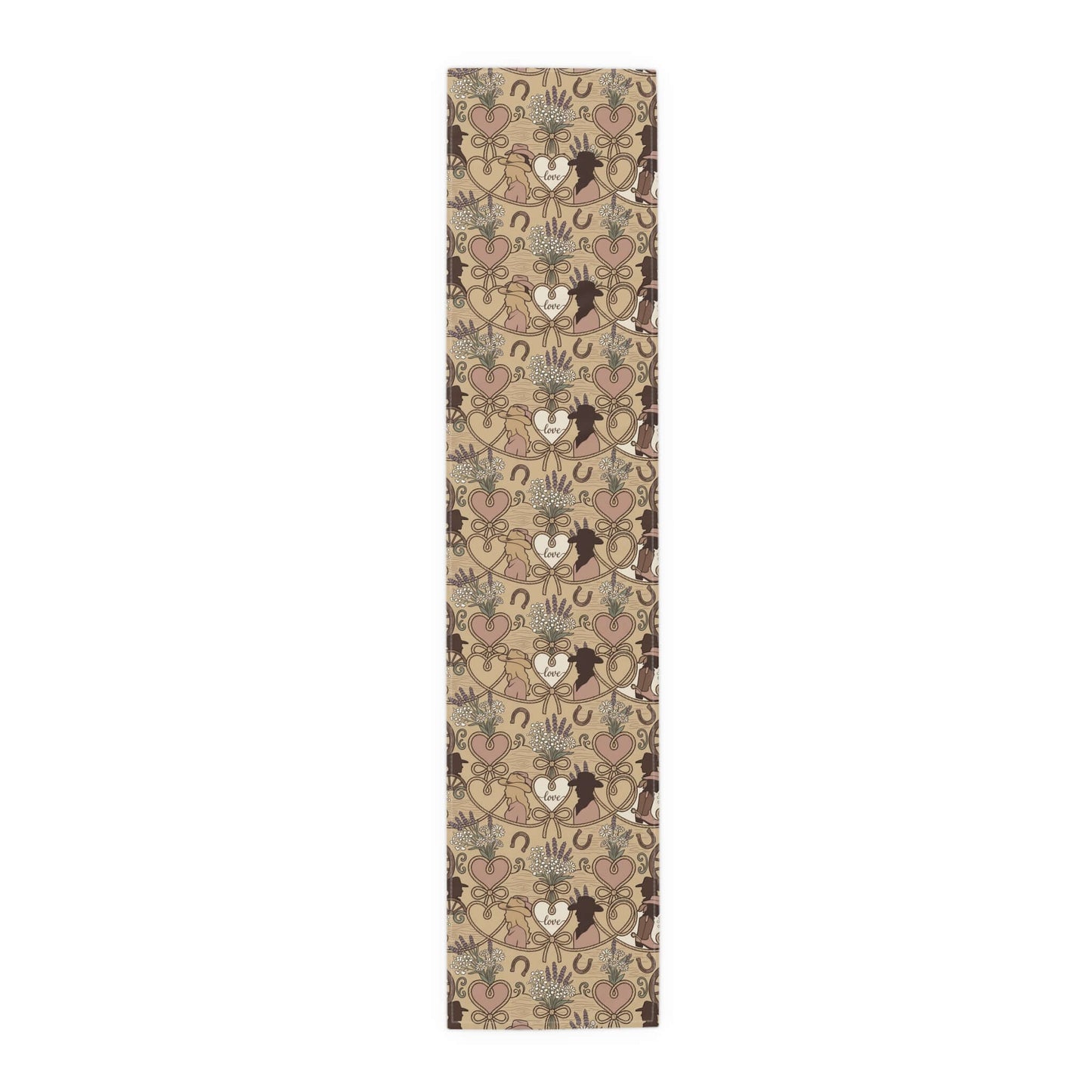 Western Bridal Table Runner with hearts, wheat, horseshoes, and moose silhouette on taupe background.