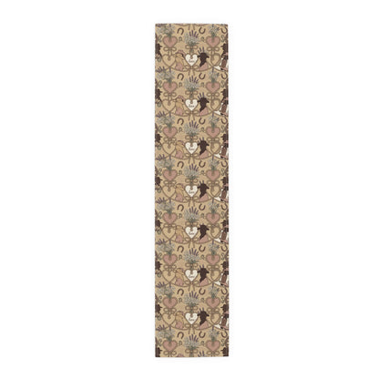 Western Bridal Table Runner with hearts, wheat, horseshoes, and moose silhouette on taupe background.