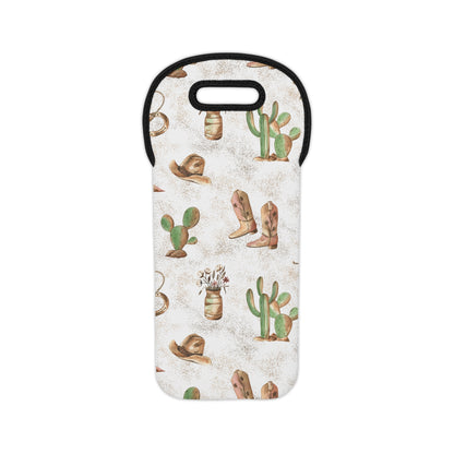 Cowboy Wine Bag featuring a colorful design with cowboy boots, hats, cacti, and rustic elements.