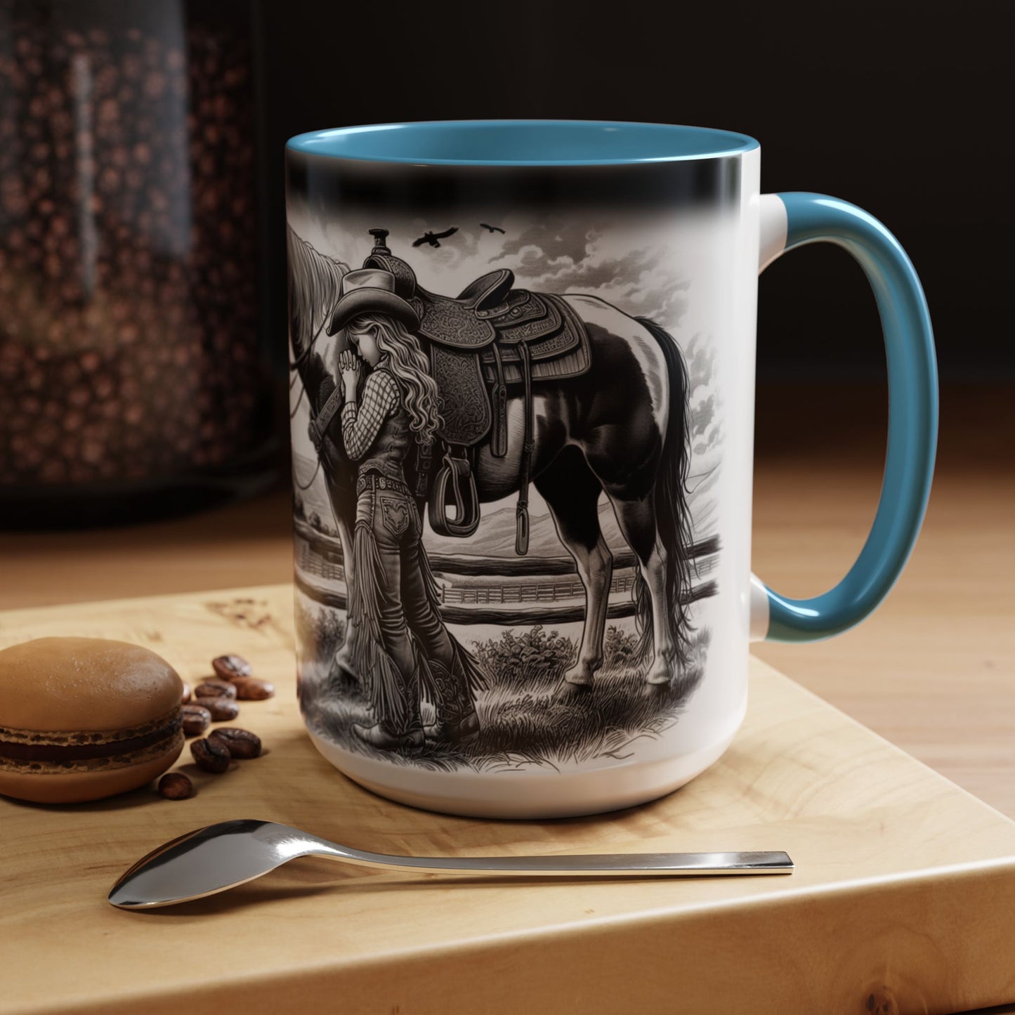 Praying Cowgirl Coffee Mug featuring a young cowgirl with her horse, perfect gift for equestrian enthusiasts.