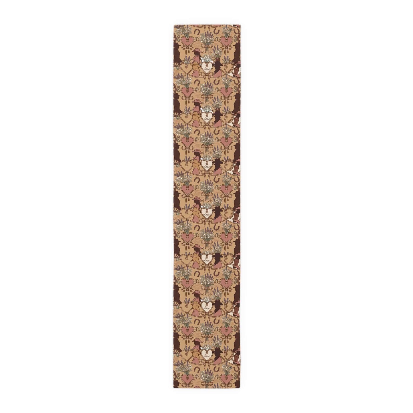 Western Bridal Table Runner featuring rustic hearts, wheat sheaves, horseshoes, and moose silhouettes.