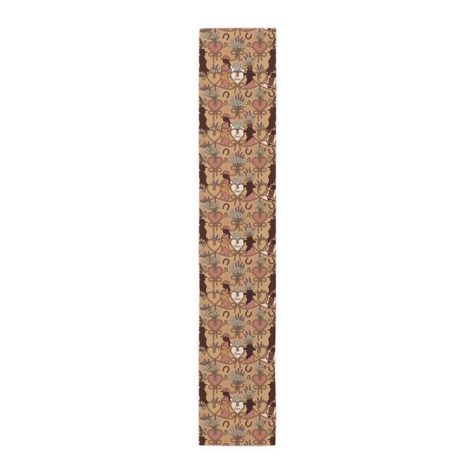 Western Bridal Table Runner featuring rustic hearts, wheat sheaves, horseshoes, and moose silhouettes.