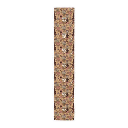 Western Bridal Table Runner featuring rustic hearts, wheat sheaves, horseshoes, and moose silhouettes.