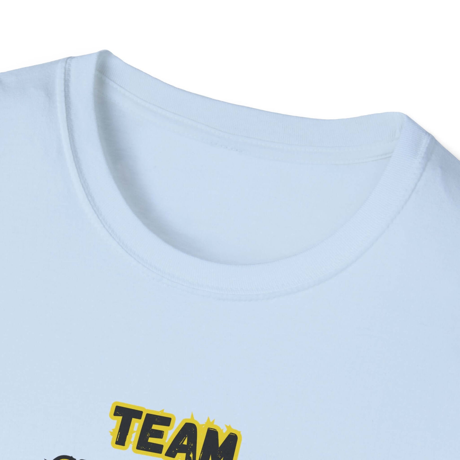 Charolais T-Shirt neck detail, light blue livestock apparel for Charolais cattle farmers.