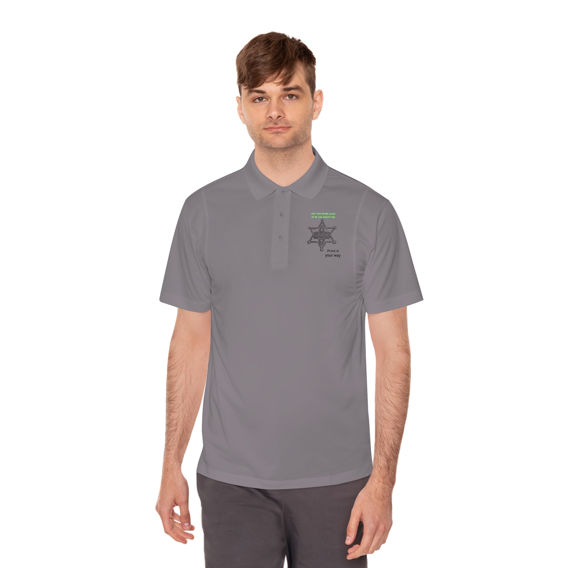 Personalize Sport Polo Shirt displayed by a man wearing a gray polo with a clean design, perfect for ranch work.