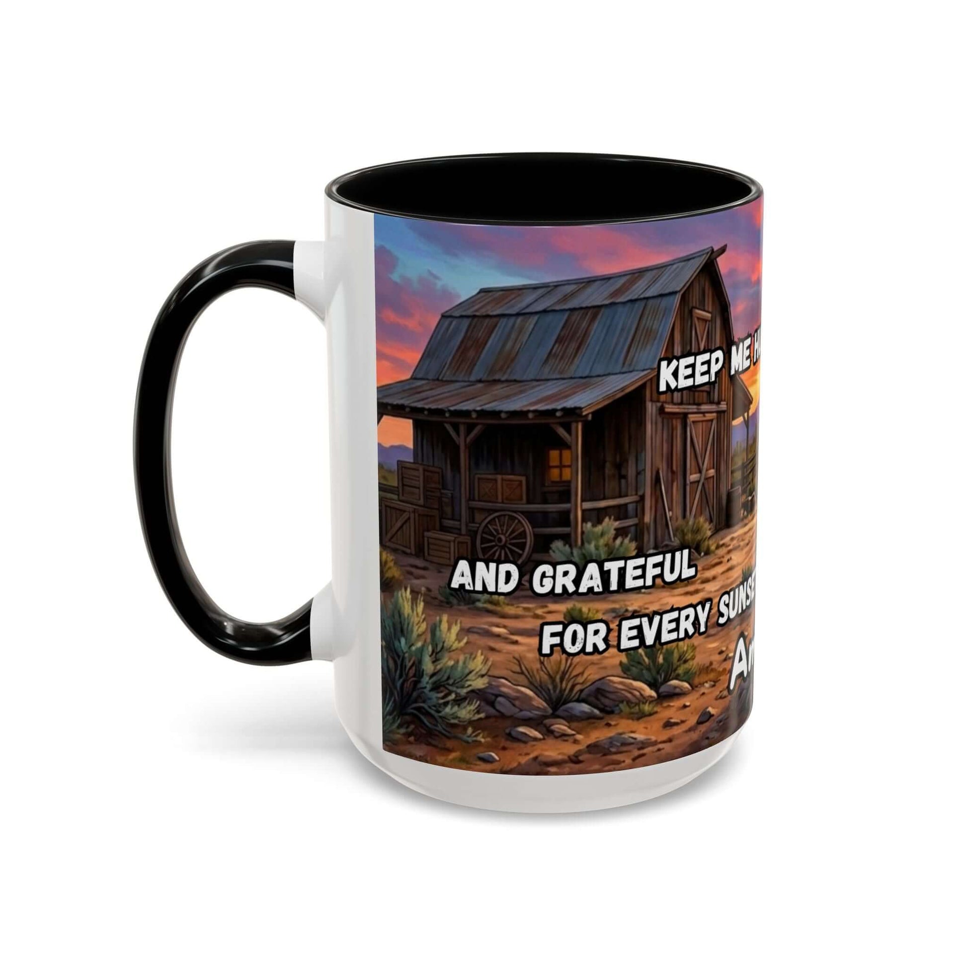 Cowboy Prayer Coffee Mug with colorful design featuring a barn and sunset, perfect for religious gifts and cowboy gifts.