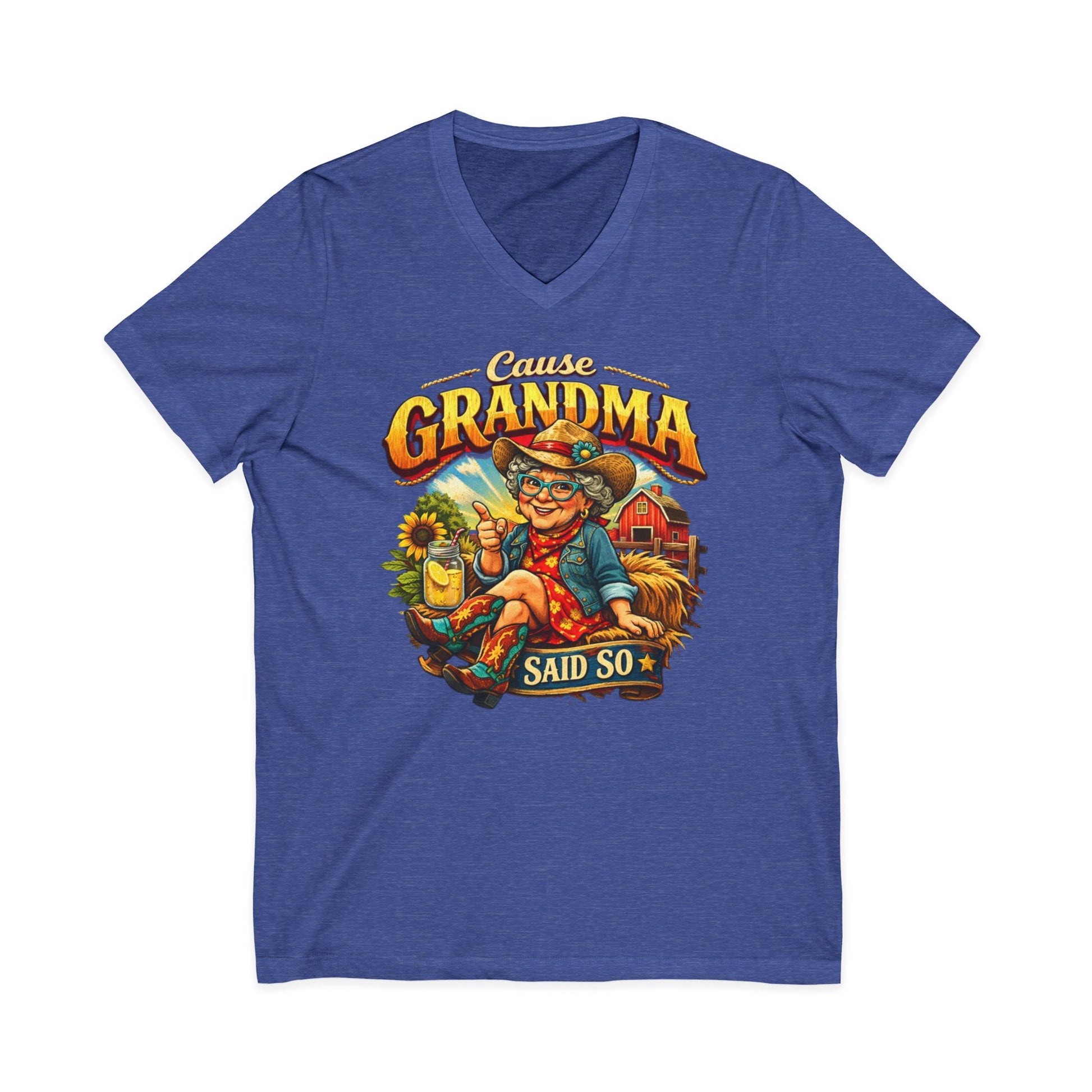 Grandma T-Shirt featuring a fun cowboy grandma design with sunflowers and text that reads 'Cause Grandma Said So'.