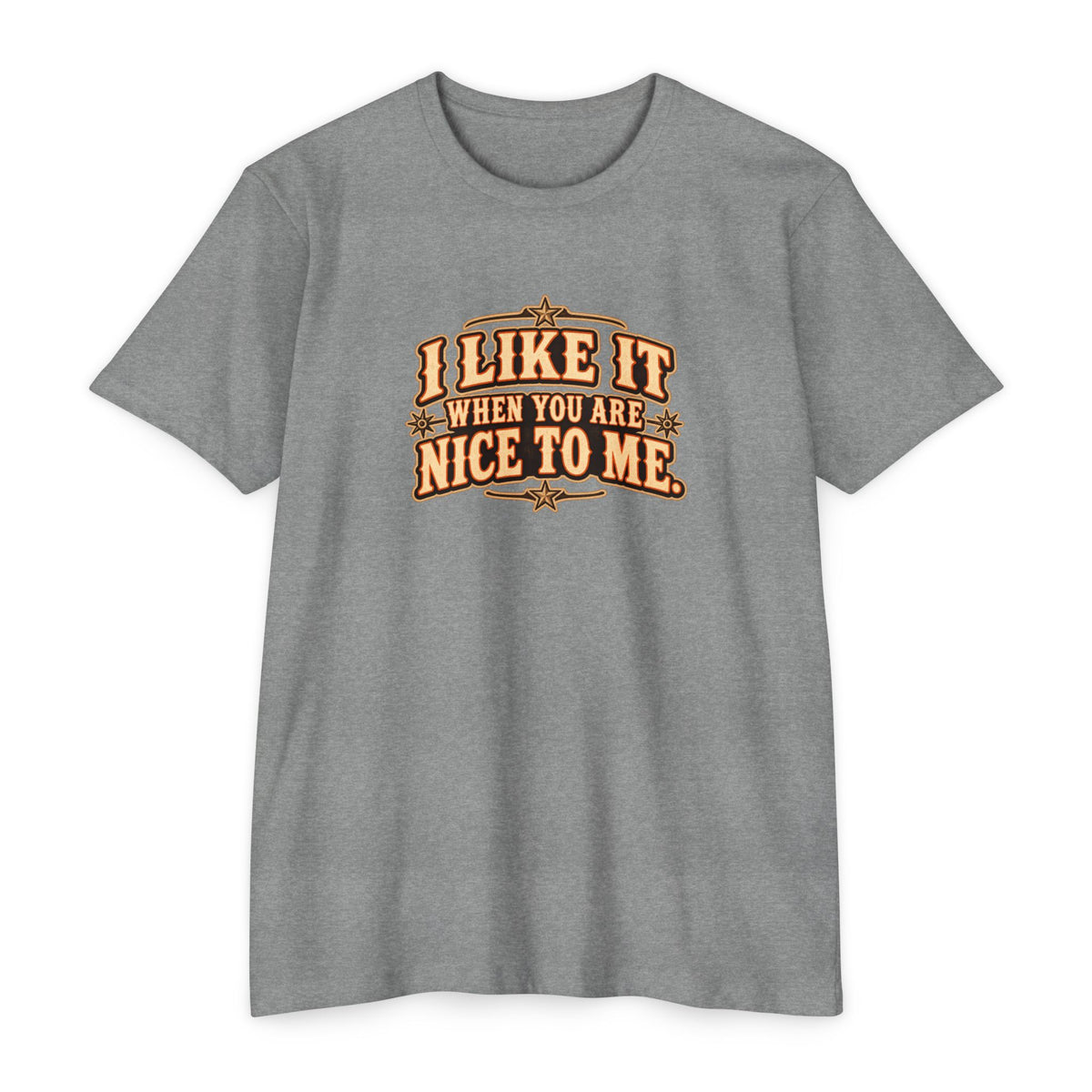 I Like It When You Are Nice To Me T-Shirt in gray with retro western graphic design.