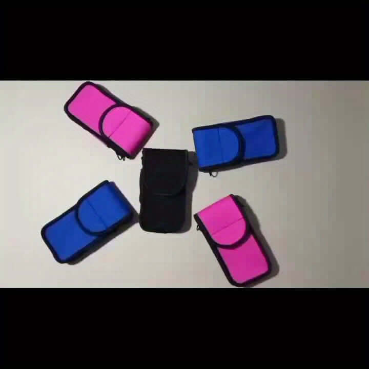 Cell Phone Holster options in pink, blue, and black colors arranged together, showcasing tactical phone holder for riding.