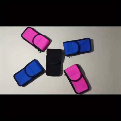 Cell Phone Holster options in pink, blue, and black colors arranged together, showcasing tactical phone holder for riding.