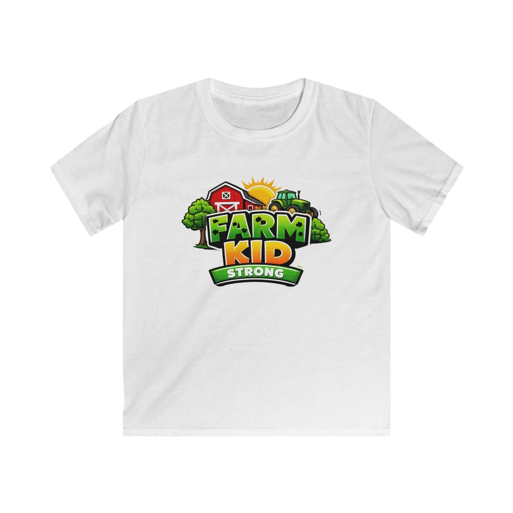 Farm Kid T-Shirt featuring bright illustration of barn, sun, trees, and bold 'Farm Kid Strong' lettering.