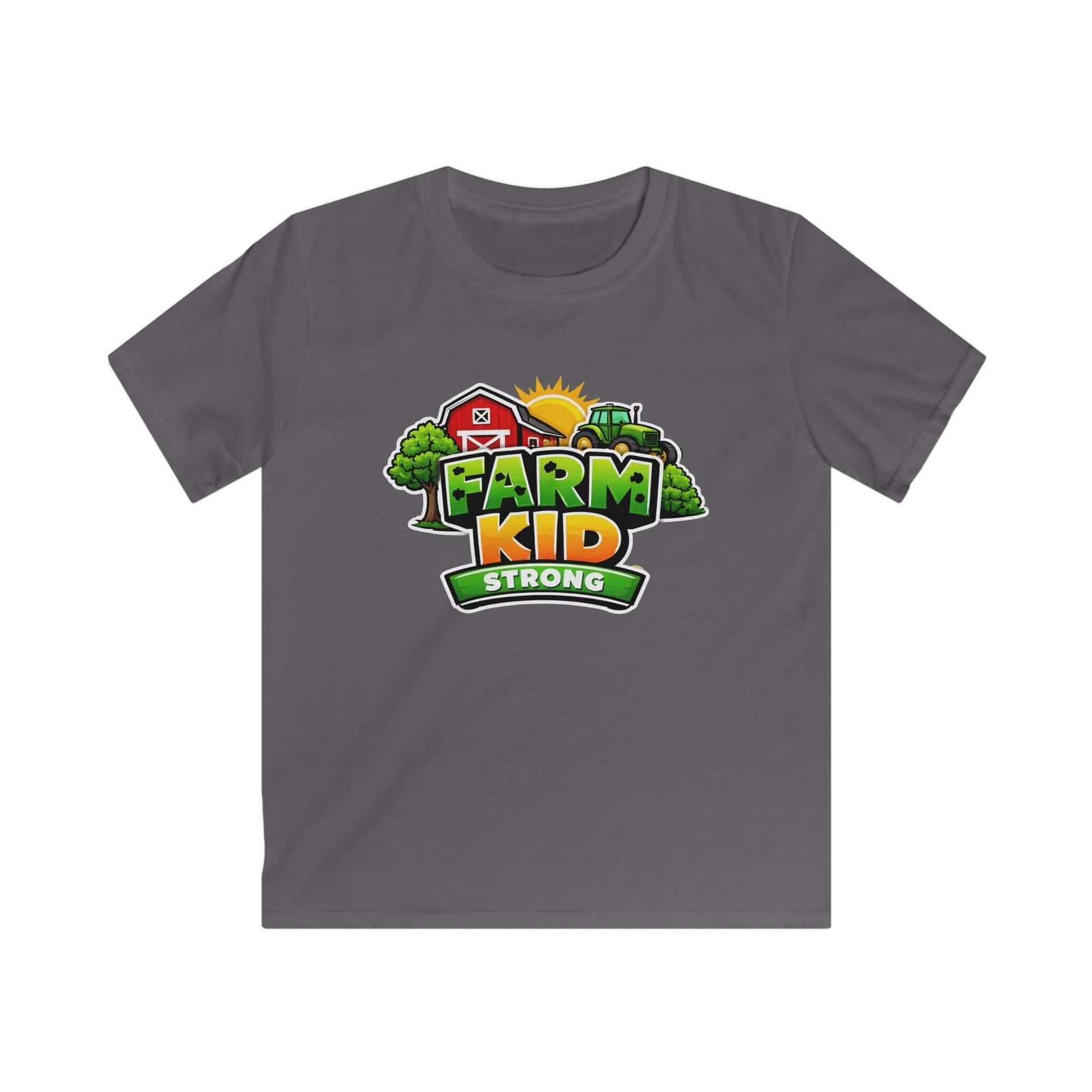 Farm Kid T-Shirt featuring colorful farm illustration and bold text 'FARM KID STRONG' on a gray background.