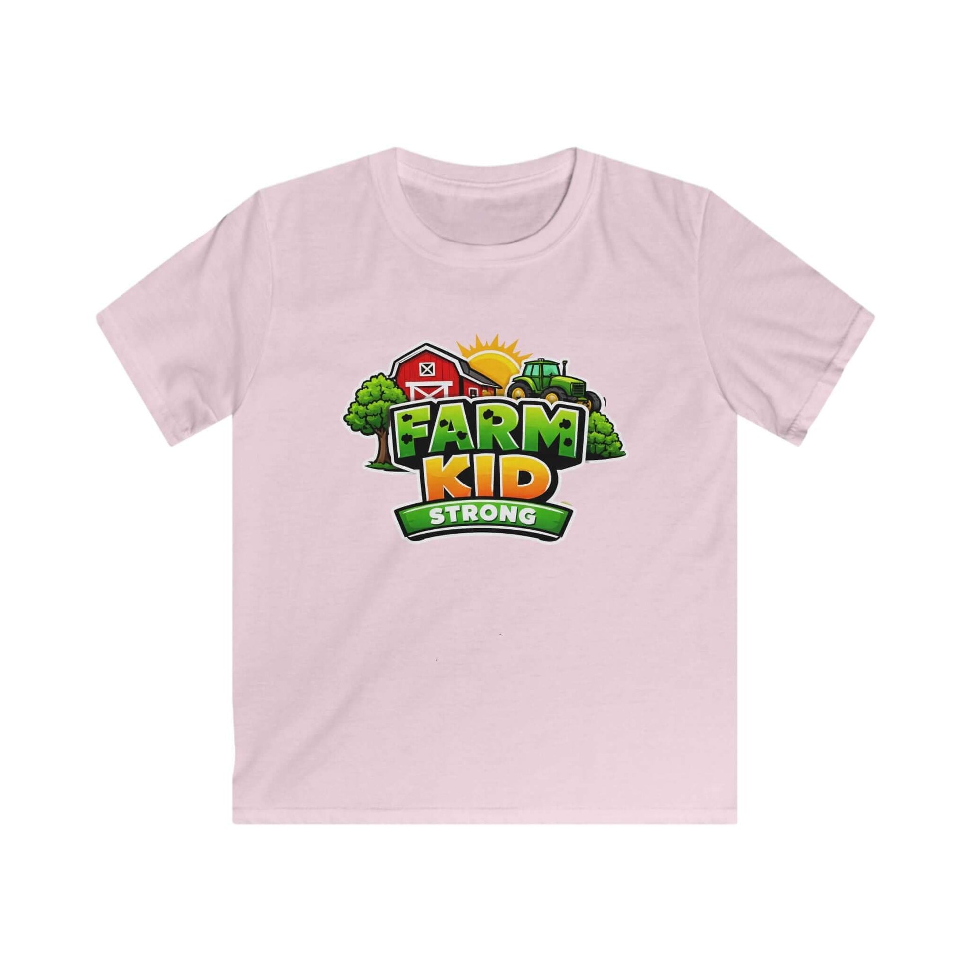 Farm Kid T-Shirt featuring a bright illustration of a barn, trees, and the text 'FARM KID STRONG' on a pink tee.