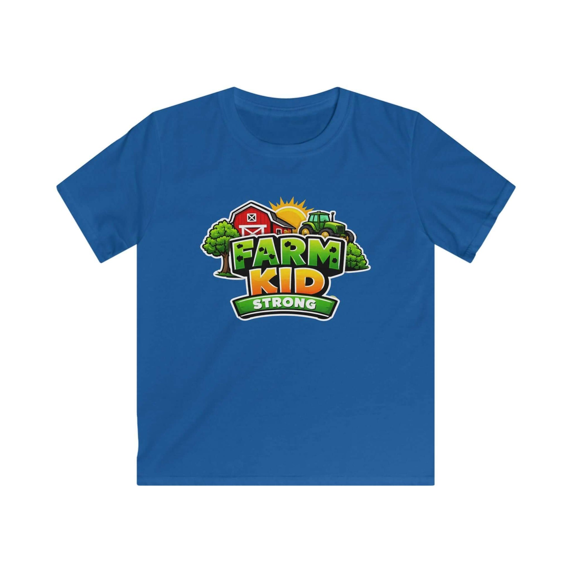 Farm Kid T-Shirt featuring vibrant colors, playful design with farm elements, and bold 'FARM KID STRONG' lettering.