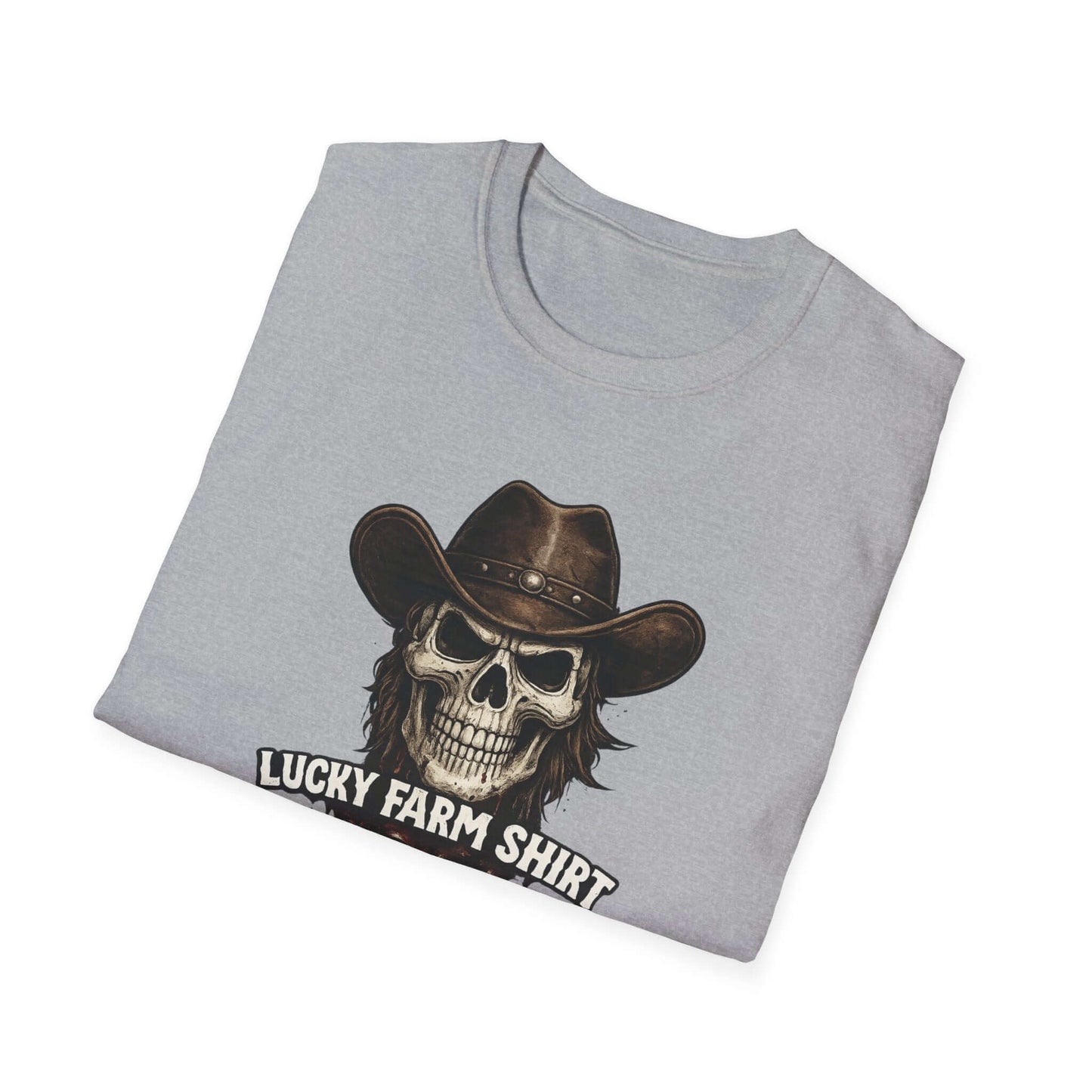 Lucky Farm T-Shirt with skull graphic and cowboy hat, perfect for rancher farm apparel.