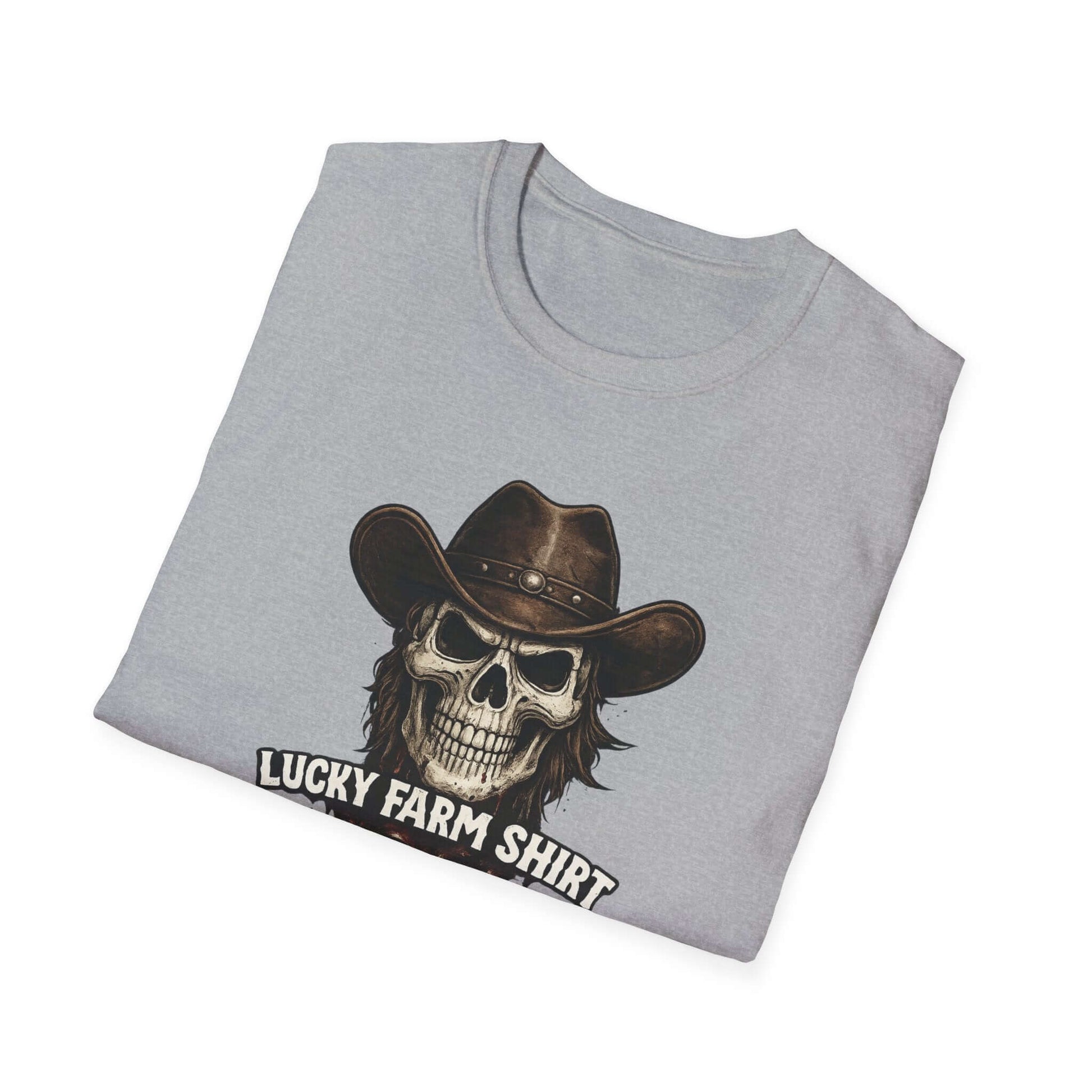 Lucky Farm T-Shirt with skull graphic and cowboy hat, perfect for rancher farm apparel.