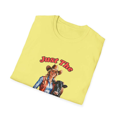 Funny Farm Wife Shirt featuring a woman in a cowboy hat with a cow, perfect for farm life humor and style.