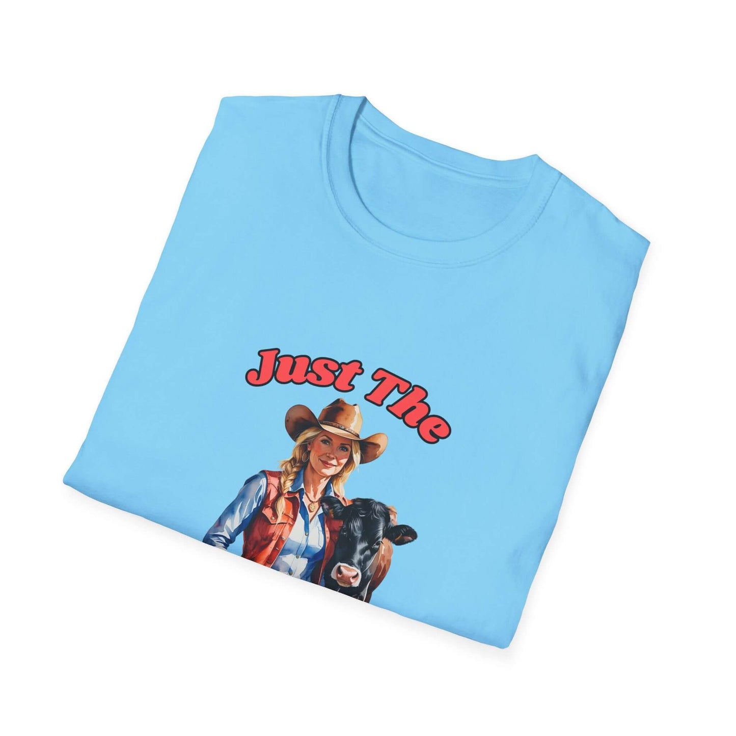 Funny Farm Wife Shirt featuring a woman in a cowboy hat next to a cow, perfect for adding humor to farm life.