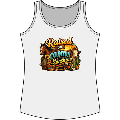 Country Tank Top with Raised on Country Sunshine design featuring a horse and cowboy elements.