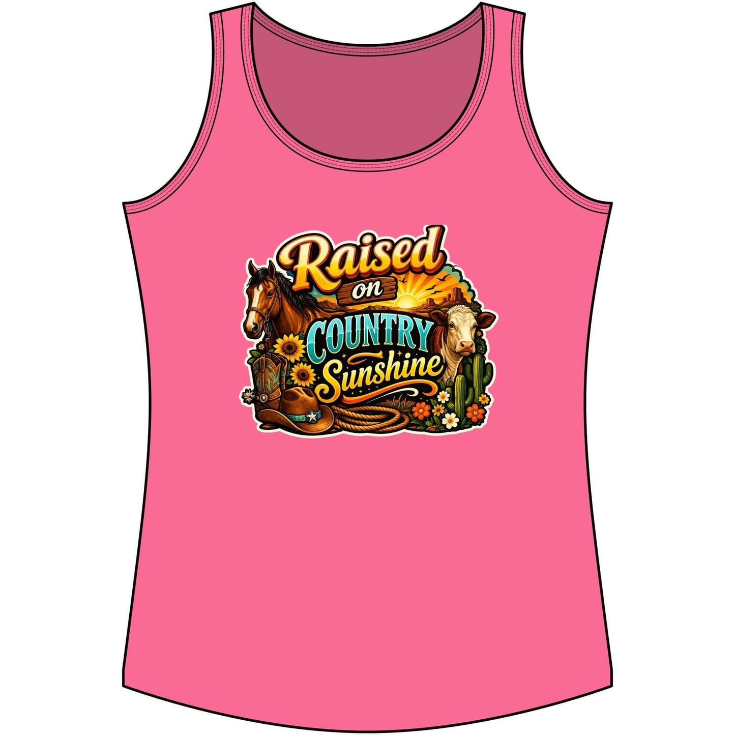 Country Tank Top featuring a colorful design with the text Raised on Country Sunshine