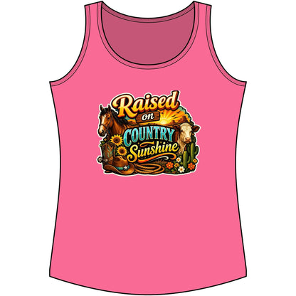 Country Tank Top featuring a colorful design with the text Raised on Country Sunshine