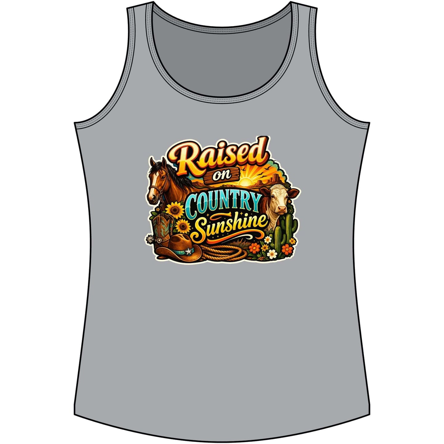 Country Tank Top with raised on country sunshine design, perfect for summer farm apparel and stylish cowgirl looks.