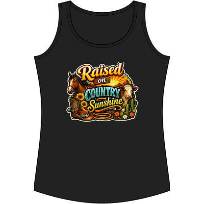 Country Tank Top featuring graphic design 'Raised on Country Sunshine' for women.