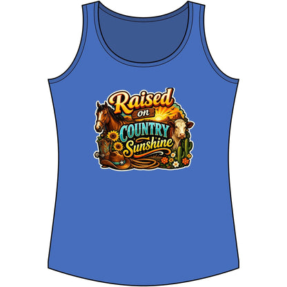 Country Tank Top featuring a colorful design with a horse and the phrase Raised on COUNTRY Sunshine.
