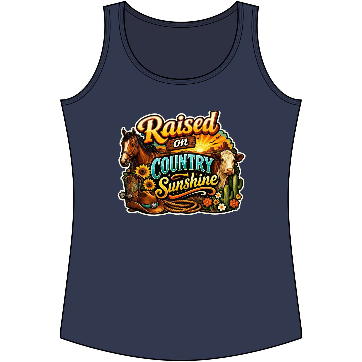 Country Tank Top featuring a colorful design with 'Raised on Country Sunshine' text, perfect for summer farm apparel.