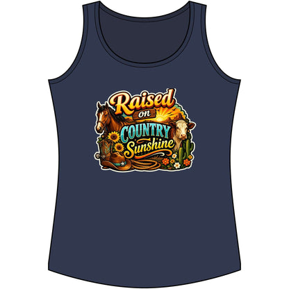 Country Tank Top featuring a colorful design with 'Raised on Country Sunshine' text, perfect for summer farm apparel.