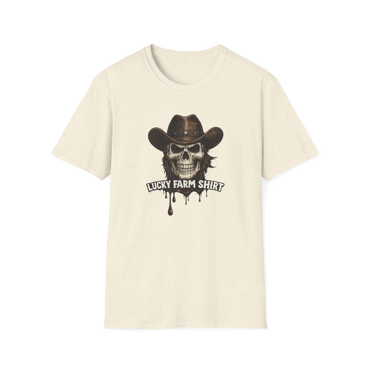 Lucky Farm T-Shirt featuring a skull graphic in a cowboy hat with dripping ink design on a cream background.