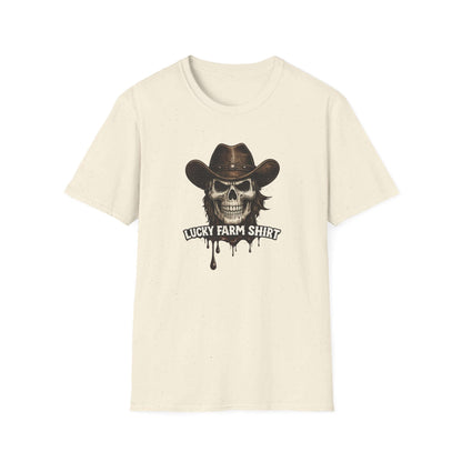 Lucky Farm T-Shirt featuring a skull graphic in a cowboy hat with dripping ink design on a cream background.