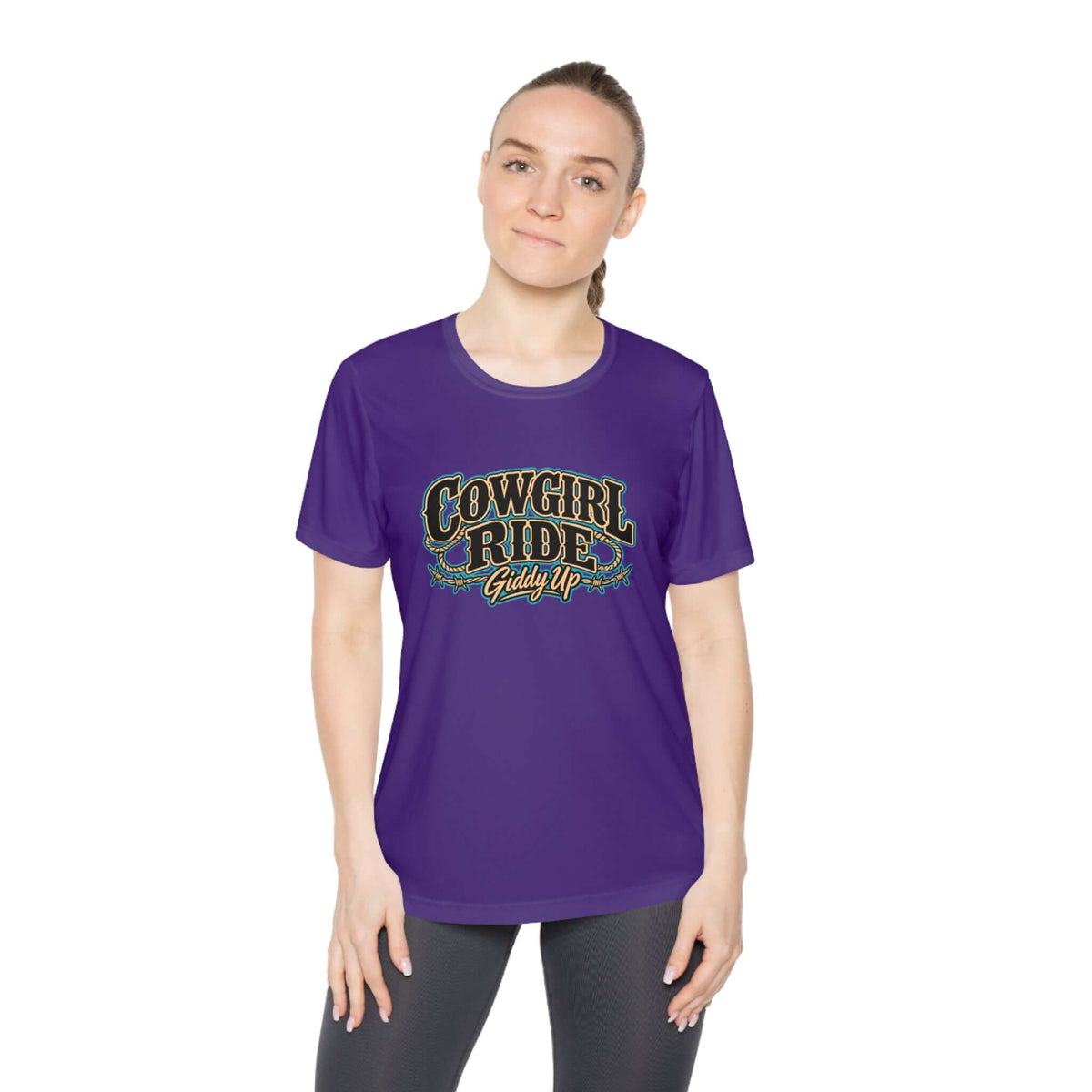 Cowgirl Ride Giddy Up Ladies Tee in purple with vintage lettering and turquoise accents.