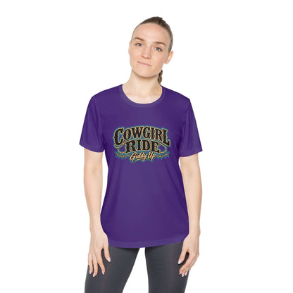 Cowgirl Ride Giddy Up Ladies Tee in purple with vintage lettering and turquoise accents.