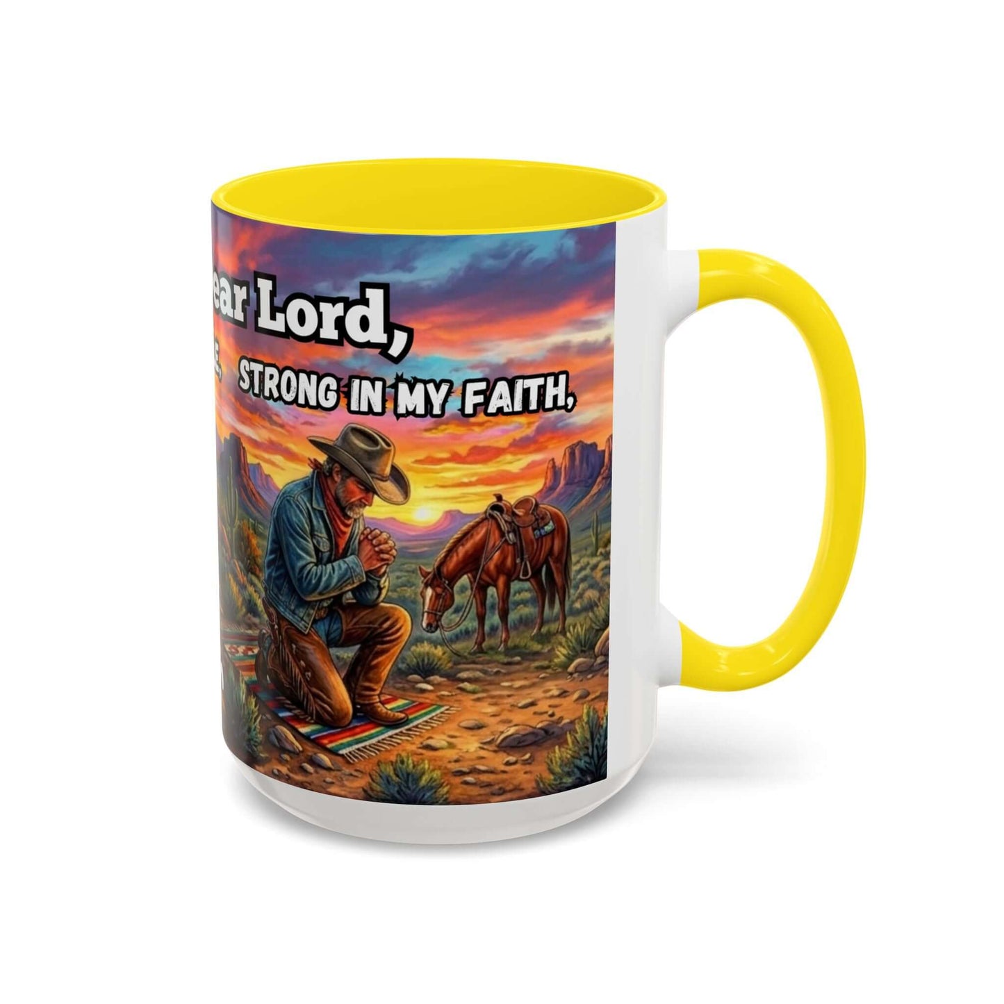 Cowboy Prayer Coffee Mug featuring a cowboy praying at dawn with horses in the background, perfect for religious and cowboy gifts.