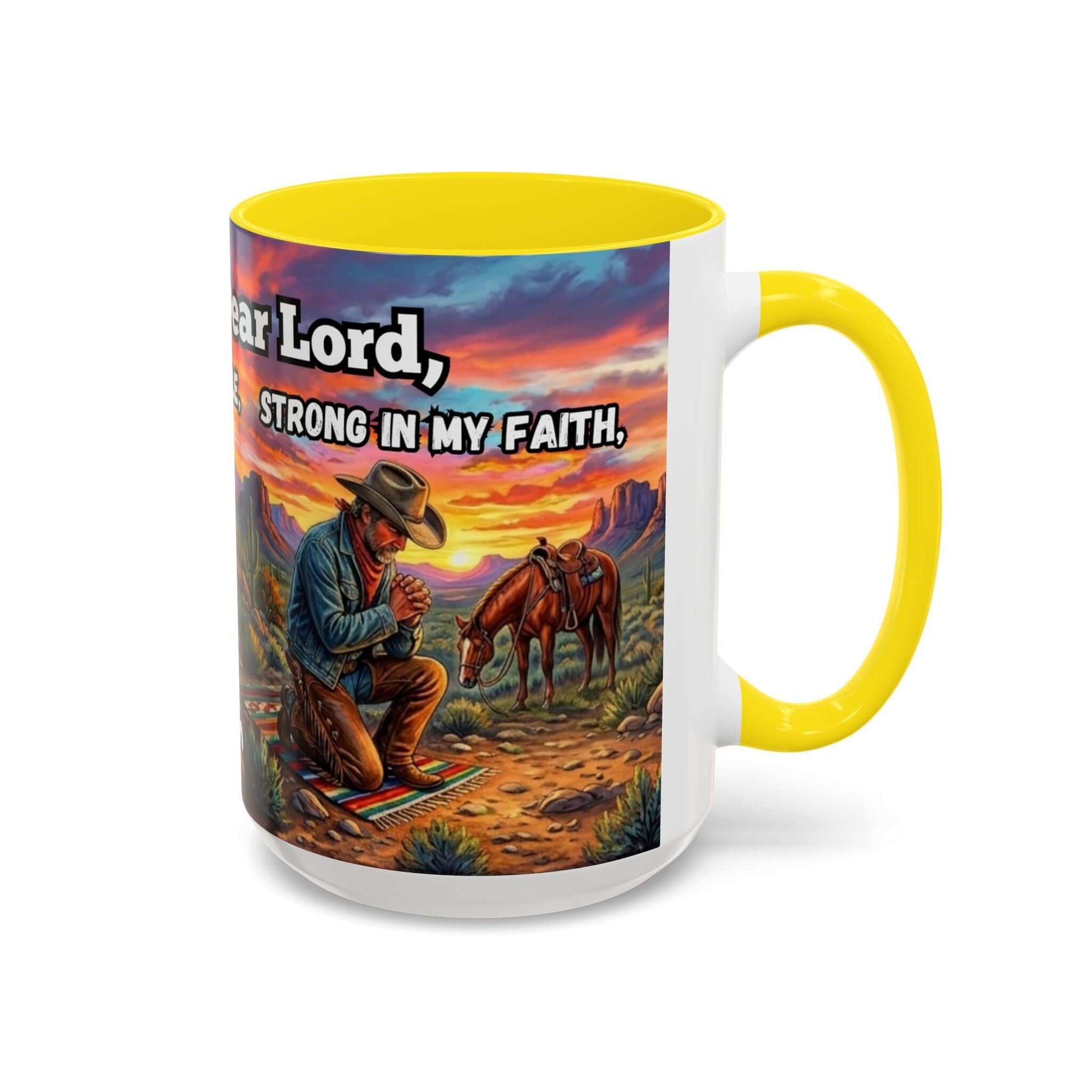 Cowboy Prayer Coffee Mug featuring a cowboy praying at dawn with horses in the background, perfect for religious and cowboy gifts.