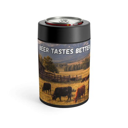 Western Can Holder with scenic ranch design, featuring cows and text 'Beer Tastes Better' for cold drinks.