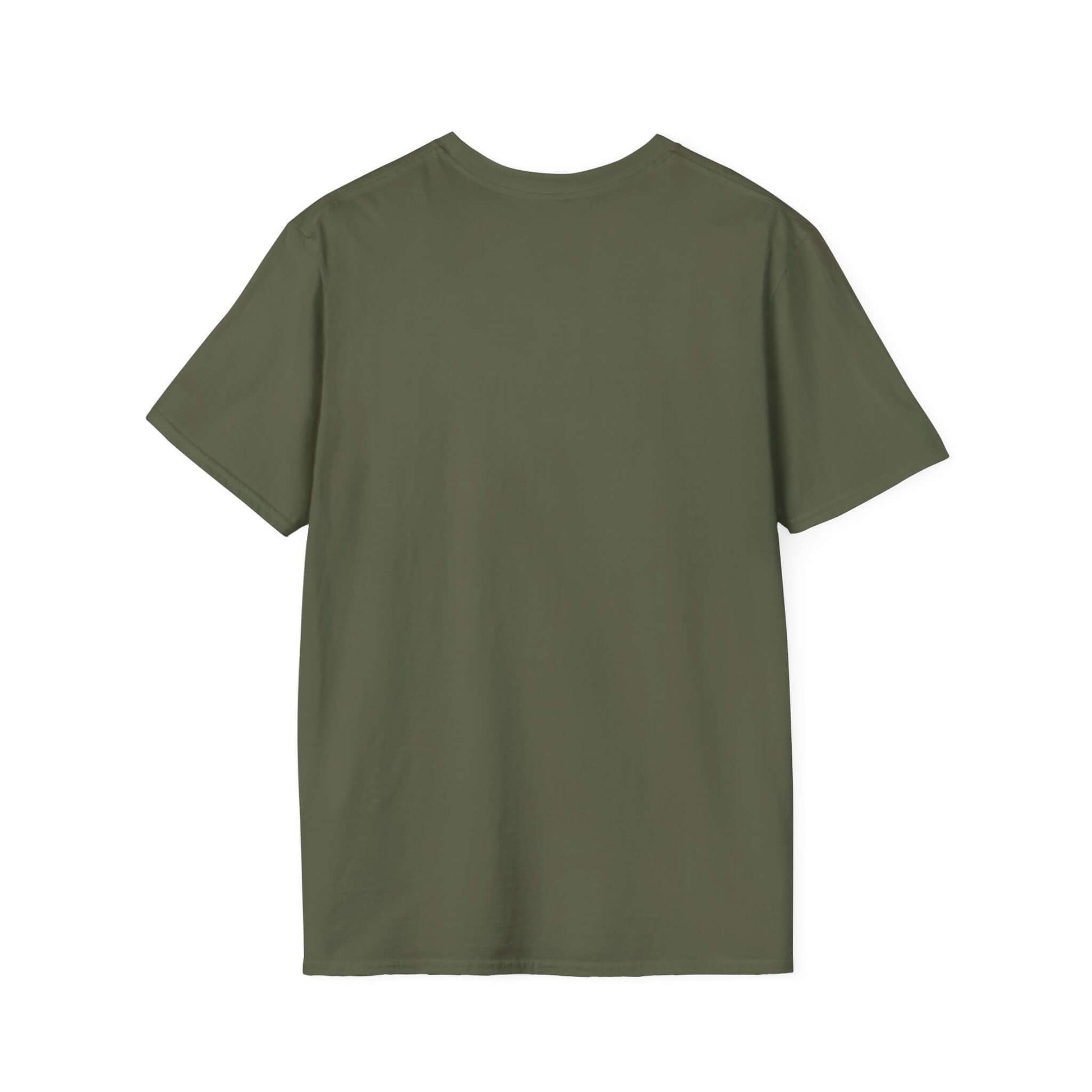 Back view of Working Cows Humor T-Shirt, a lightweight cotton farm tee in olive green color.